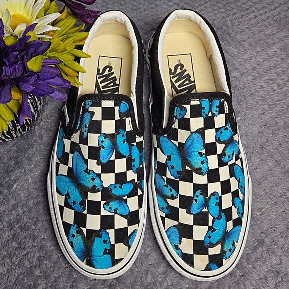 VANS Off the Walls Classic Slip-On Blue Butterfly Checkerboard - Picture 2 of 10